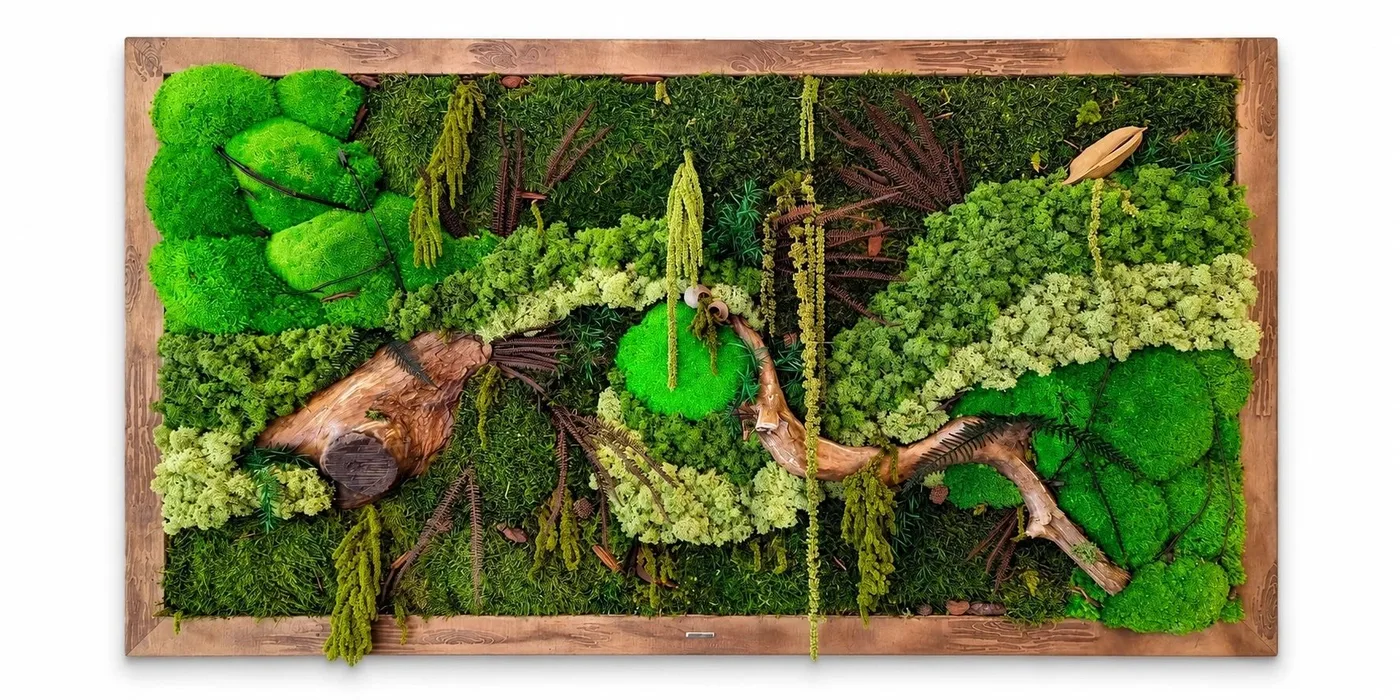 Dense moss, timber and preserved botanical detail from the authentic FOREST LAYERS artwork