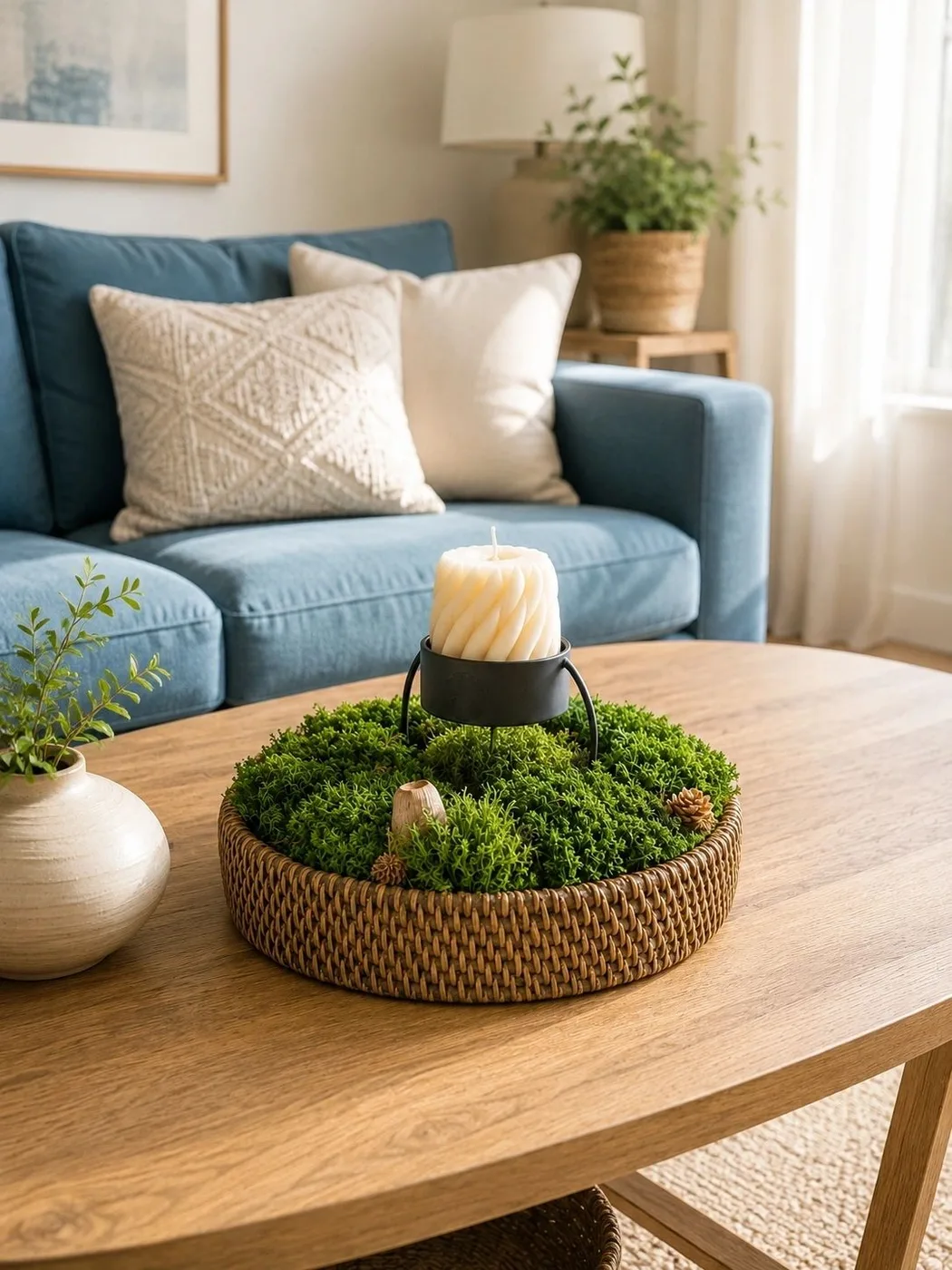 Moss candle bowl on a timber table beside a blue sofa