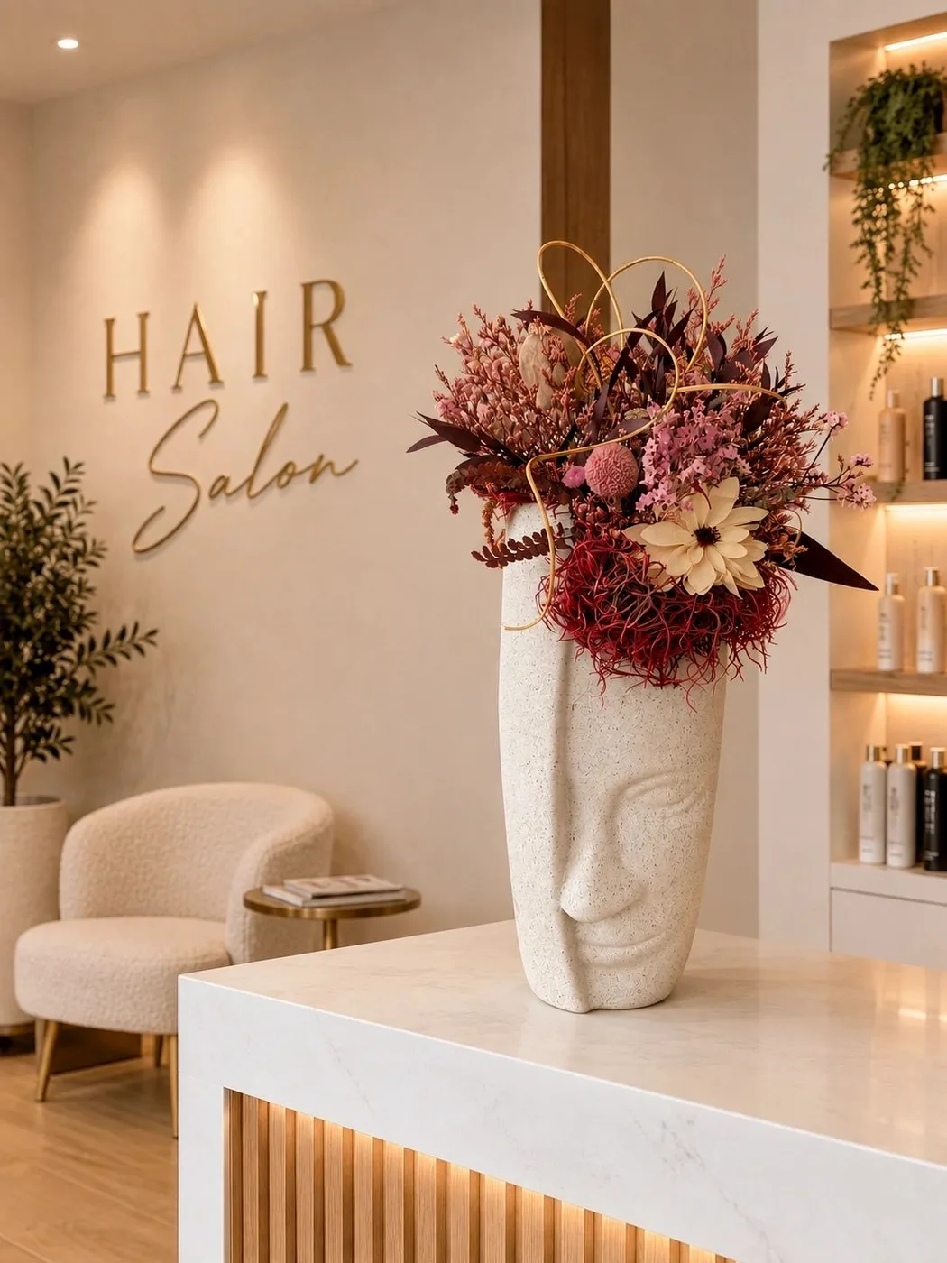 Preserved floral arrangement in a salon setting