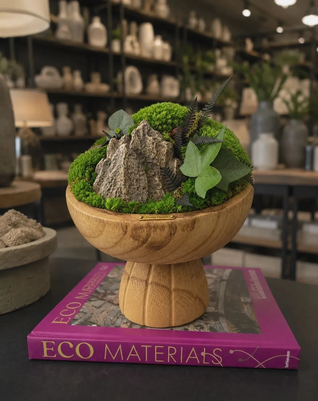 Detail of a moss composition in a footed bowl