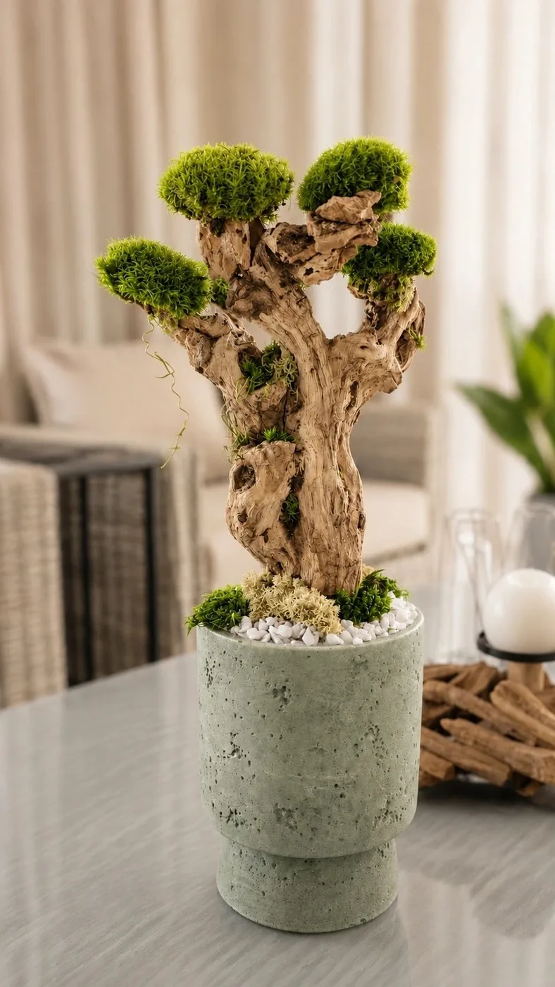 Sculptural bonsai arrangement in a tall pot