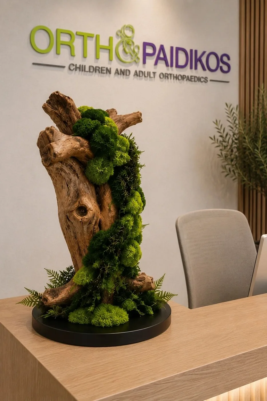 Sculptural moss and wood arrangement beside an Orthopaidikos sign in the published gallery